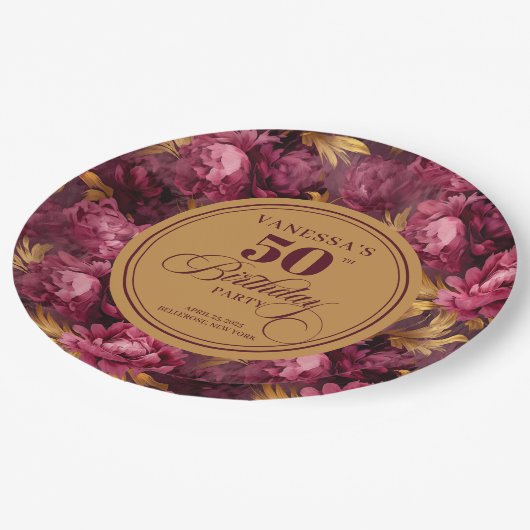 Boho Maroon Blush Gold 50ste Verjaardag Bord (Gekanteld)