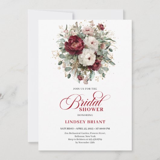 Boho Maroon Floral Bridal Shower Invitation Kaart (Voorkant)