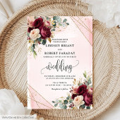  Boho Maroon Gold Blush Flowers Wedding Kaart