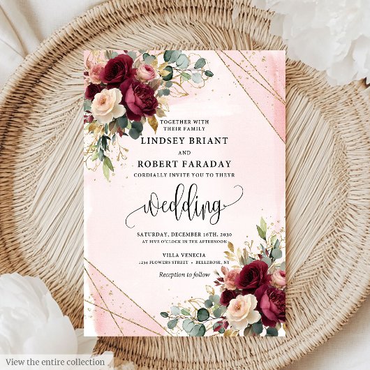  Boho Maroon Gold Blush Flowers Wedding Kaart
