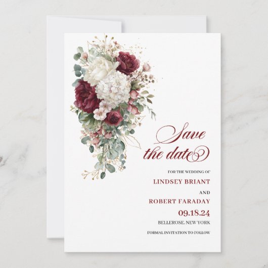 Boho Maroon gouden rozen bruiloft save the date ka Kaart (Voorkant)