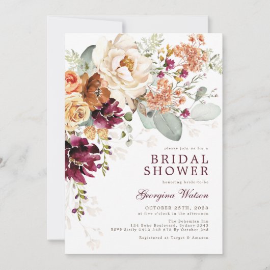 Boho Maroon Verbrande Oranje Bloemrijke Bruidsmeis Kaart (Voorkant)