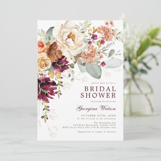 Boho Maroon Verbrande Oranje Bloemrijke Bruidsmeis Kaart (Staand voorkant)