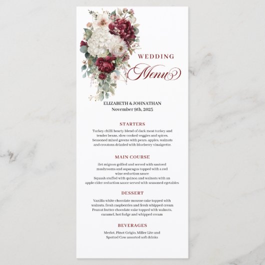 Boho maroon white gold floral wedding menu design (Voorkant)