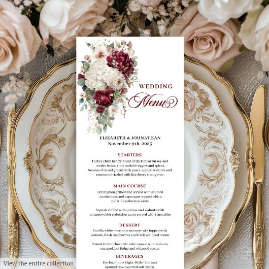 Boho-maroon-wit-goud-bloem-huwelijksmenu-ontwerp Menu