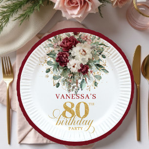 Boho Marsala Bloemen 80ste Verjaardag Papieren Bor Bordje