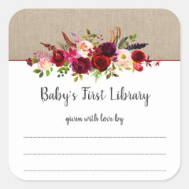 Boho marsala bloemenmeisje baby shower bookplate vierkante sticker