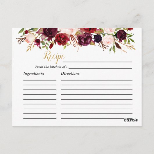 Boho Marsala Bloemige Bruiloftsreceptenkaart Briefkaart (Achterkant)