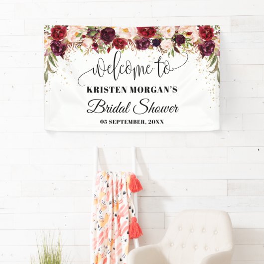 Boho marsala bordeaux bloemengoud vrijgezellenfees spandoek (Insitu)