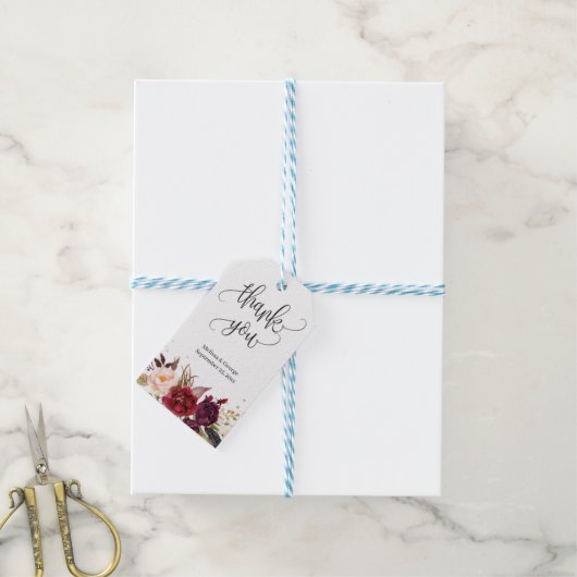 Boho marsala bordeauxrood bloesem gouden bruiloft cadeaulabel (Met Touw)