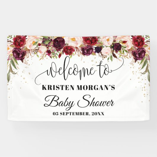 Boho marsala burgundy bloemrijke gouden baby showe spandoek (Horizontaal)