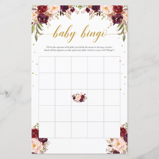 Boho marsala burgundy floral gold baby bingo (Voorkant)