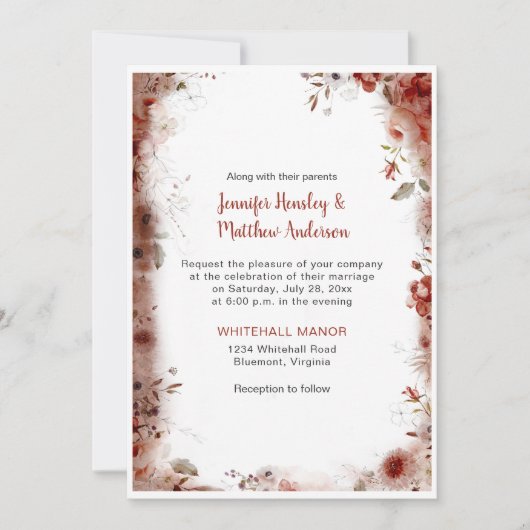 Boho Marsala Burgundy Floral Waterverf Wedding Kaart (Voorkant)