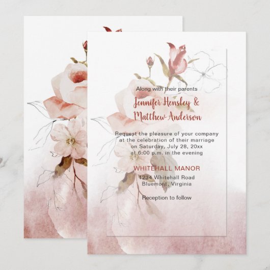 Boho Marsala Burgundy Floral Waterverf Wedding Kaart (Voorkant / Achterkant)