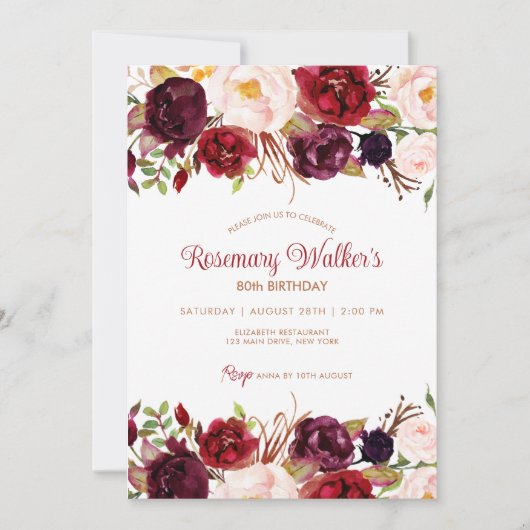 Boho Marsala Dark Peony Bloemen 80ste Verjaardag Kaart (Voorkant)