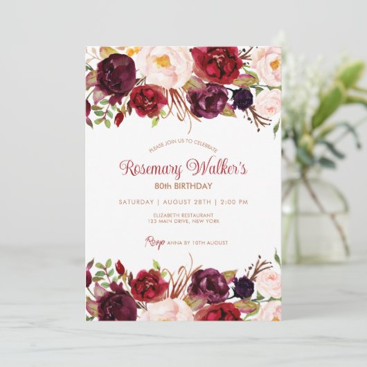 Boho Marsala Dark Peony Bloemen 80ste Verjaardag Kaart (Staand voorkant)