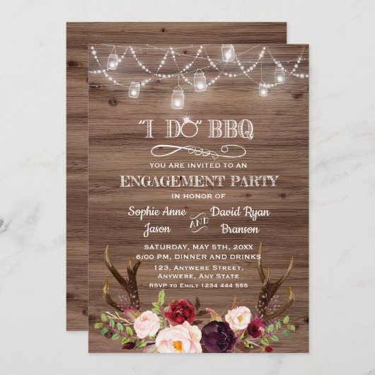 Boho Marsala Floral Antlers I DO BBQ Verloving Kaart (Voorkant / Achterkant)
