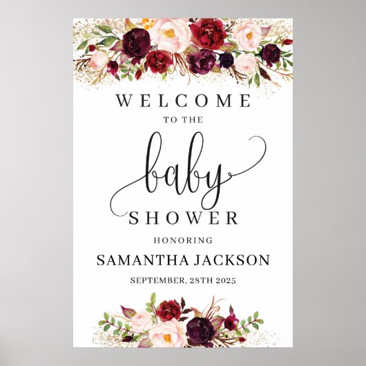 Boho marsala floral baby shower welkomstteken poster (Voorkant)