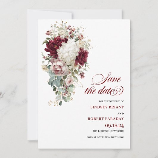 Boho marsala gouden rozen romantisch save the date kaart (Voorkant)