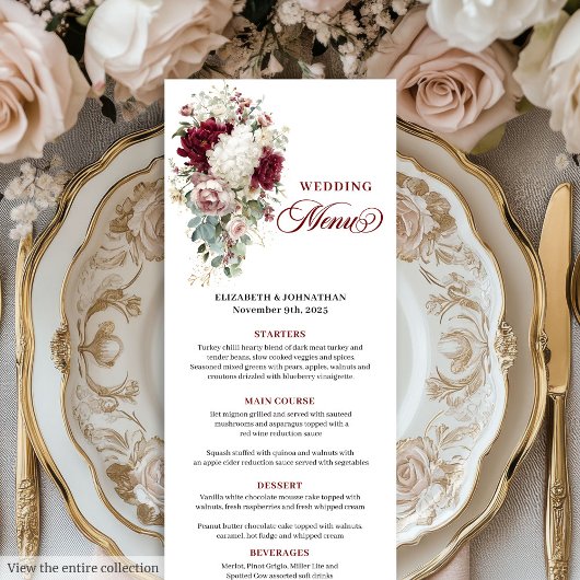Boho marsala gouden rozen romantische trouw menu k