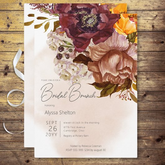 Boho Marsala Klei & Geel Boeket Bruidsbrunch Kaart