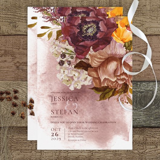 Boho Marsala Klei & Geel Boeket Bruiloft Kaart