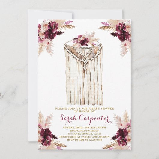 Boho marsala macrame baby shower uitnodiging meisj (Voorkant)