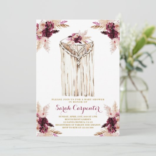 Boho marsala macrame baby shower uitnodiging meisj (Staand voorkant)