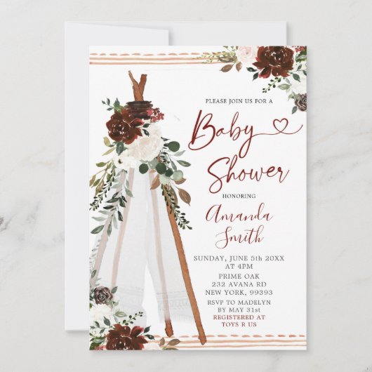 Boho Marsala Teepee baby shower Invitation Kaart (Voorkant)