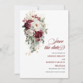 Boho marsala white gold floral save the date card kaart (Voorkant)