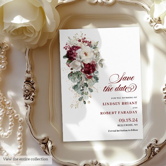 Boho marsala witgouden bloemige save the date kaar kaart