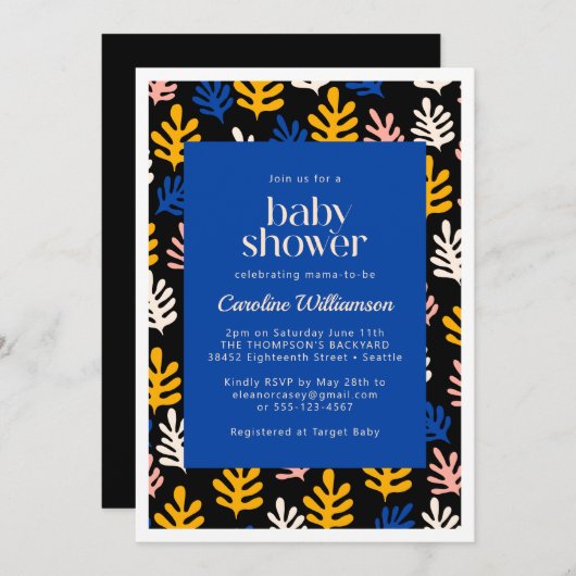 Boho Matisse Botanical Blue en Black Baby shower Kaart (Voorkant / Achterkant)