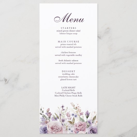 Boho Mauve en Lila Bloemen Wedding Menu Kaart (Voorkant)