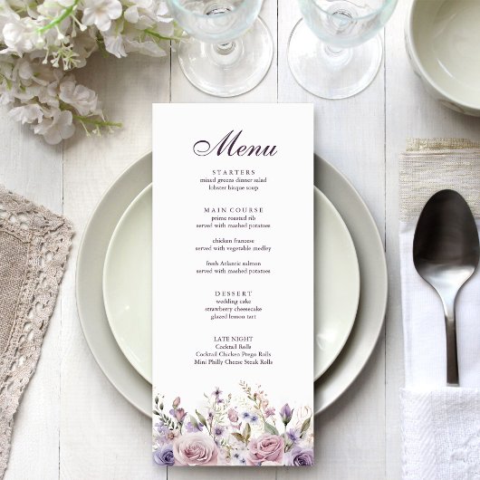 Boho Mauve en Lila Bloemen Wedding Menu Kaart