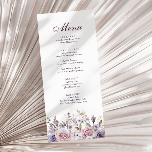 Boho Mauve en Lila Bloemen Wedding Menu Kaart