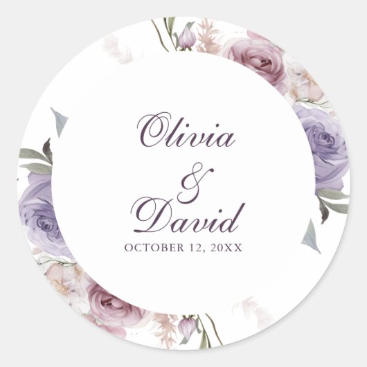 Boho Mauve en Lila bloemenbruiloft Ronde Sticker (Voorkant)