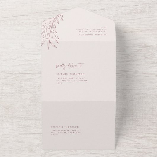 Boho Mauve minimalistische loof bruiloft All In One Uitnodiging (Buitenkant)