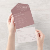 Boho Mauve minimalistische loof bruiloft All In One Uitnodiging (Afscheurbaar)