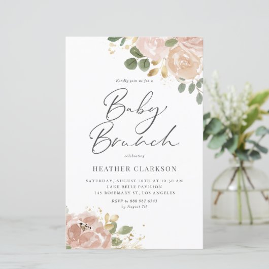 Boho Mauve Peach Flowers Baby Brunch Uitnodiging (Staand voorkant)