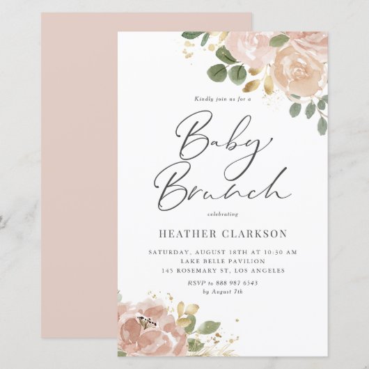 Boho Mauve Peach Flowers Baby Brunch Uitnodiging (Voorkant / Achterkant)