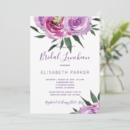 Boho mauve pioenen paarse pruim bruids lunch kaart (Staand voorkant)