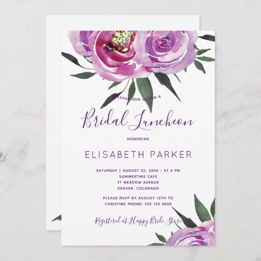 Boho mauve pioenen paarse pruim bruids lunch kaart (Voorkant / Achterkant)