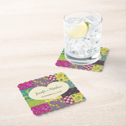 Boho Maximalist Patchwork Quilt Bruiloft Kartonnen Onderzetters (Insitu)