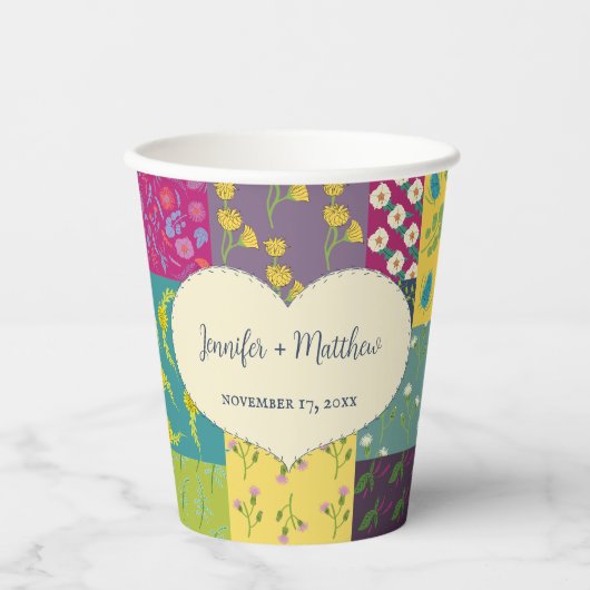 Boho Maximalist Patchwork Quilt Bruiloft Papieren Bekers (Voorkant)