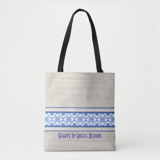 Boho Mediterraan Tegel Blauw Wit Gepersonaliseerd Tote Bag (Voorkant)