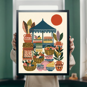 Boho Mediterraanse Markt Volkskunst Aardewerk Canv Poster