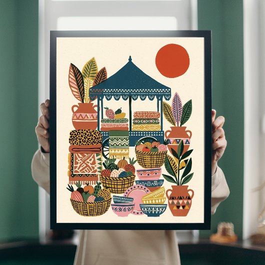 Boho Mediterraanse Markt Volkskunst Aardewerk Canv Poster