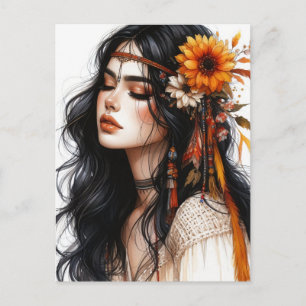 Boho Meisje AI Kunst Boheemse Mode Briefkaart