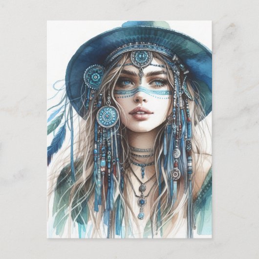 Boho Meisje AI Kunst Boheemse Mode Briefkaart (Voorkant)