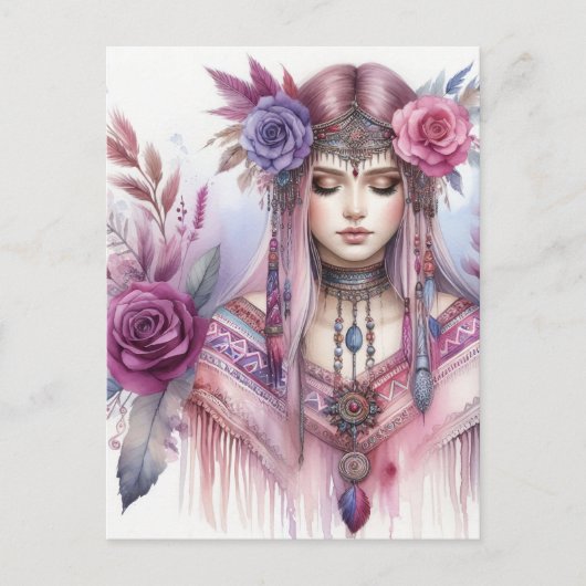 Boho Meisje AI Kunst Boheemse Mode Briefkaart (Voorkant)